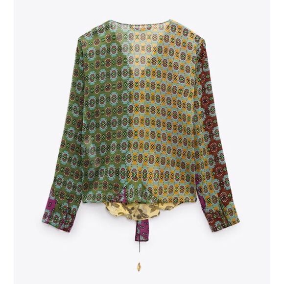 NWT Zara Multicolor Semi-Sheer Long Sleeve Tie Scarf Beaded Boho Printed Blouse - Picture 8 of 16